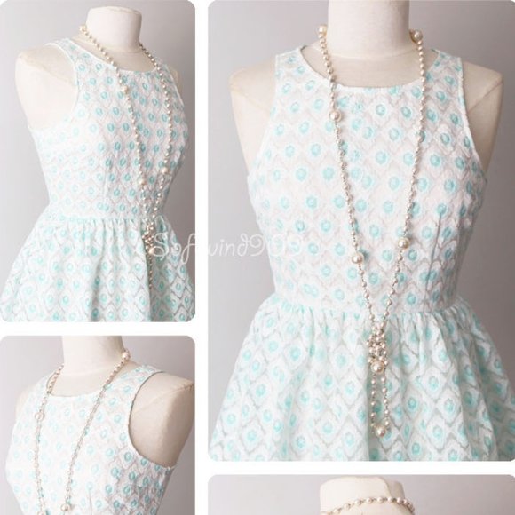 Ivory Blue Floral Embroidery Scallop Skater Dress - Picture 3 of 10